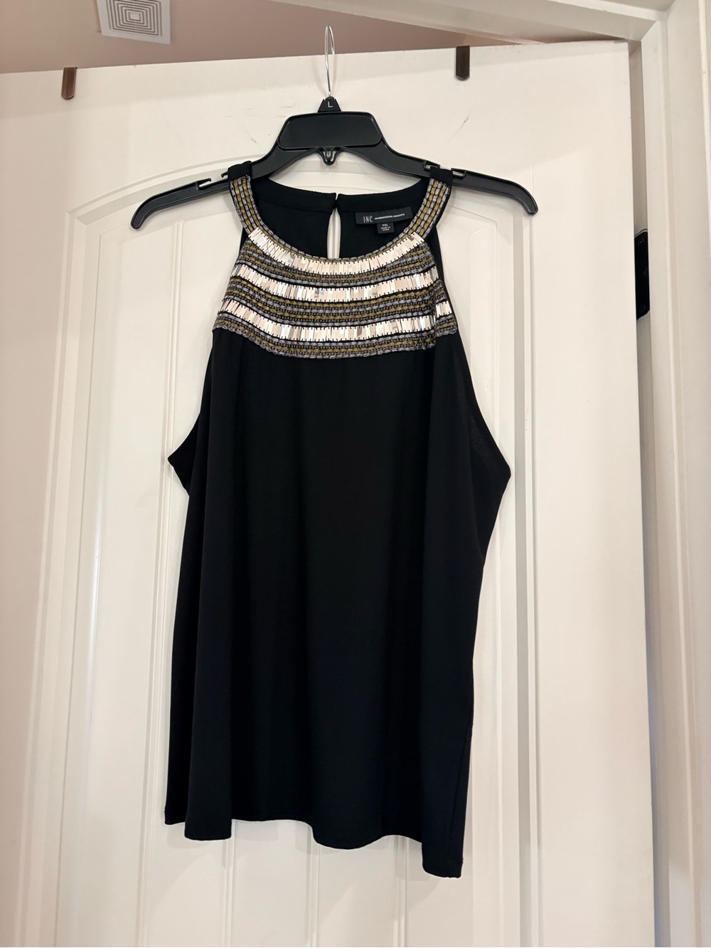 INC International Concepts Black Halter Top with Metallic Bead Yoke